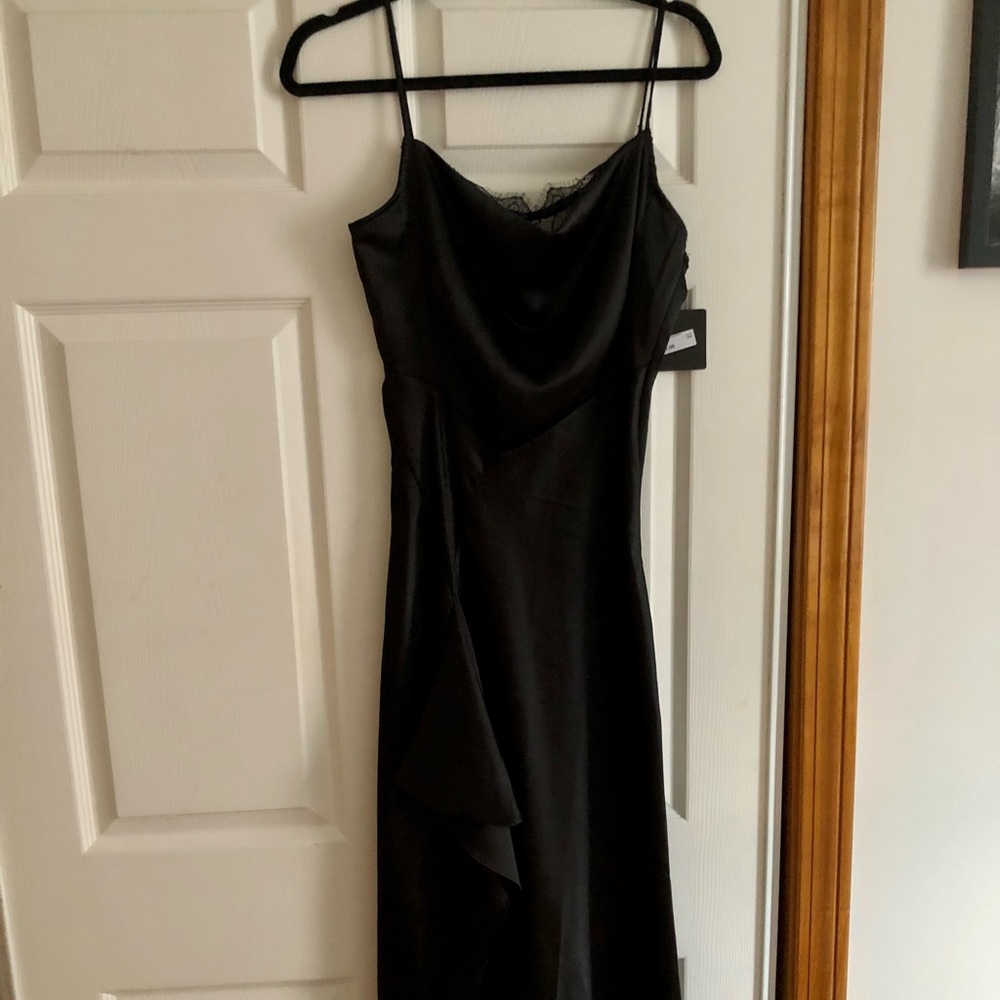 Satin Black MIDI Dress with Lace Detail